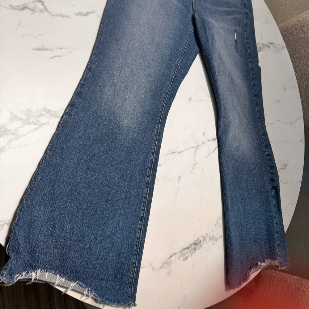 LOFT, blue jeans, boot cut leg, distressed, 40 inches long.
